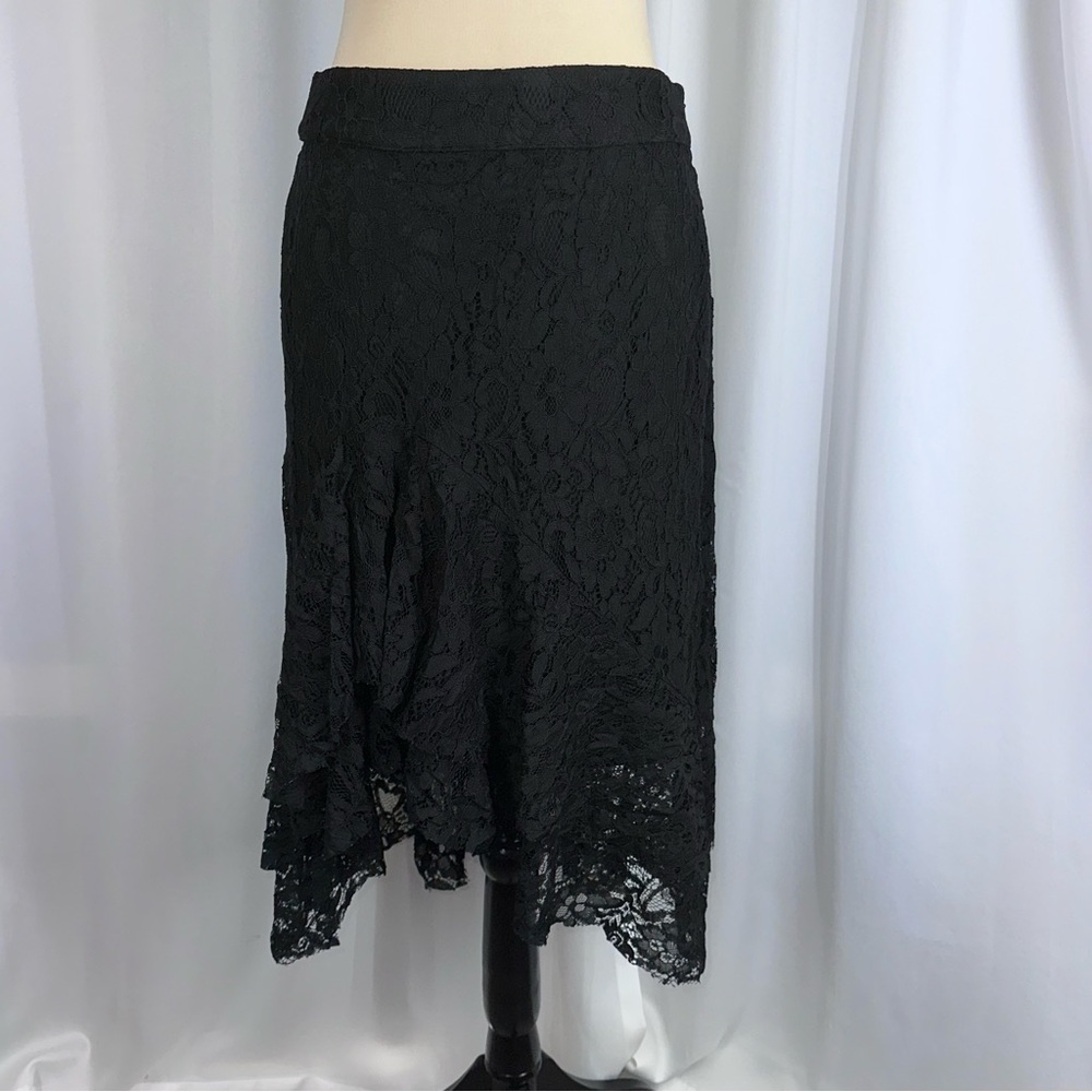 NWT Who What Wear Black Lace Midi Skirt Size 2 Asymmetrical Hem‎ Lined Goth Glam
